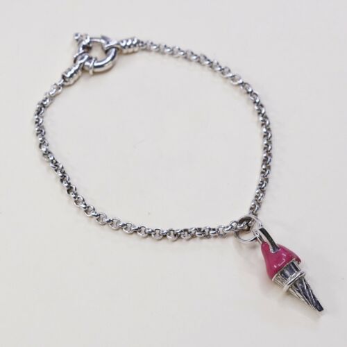 6.75”, Vintage Sterling Silver Bracelet, 925 Bold Circle chain W/ Ice Cream