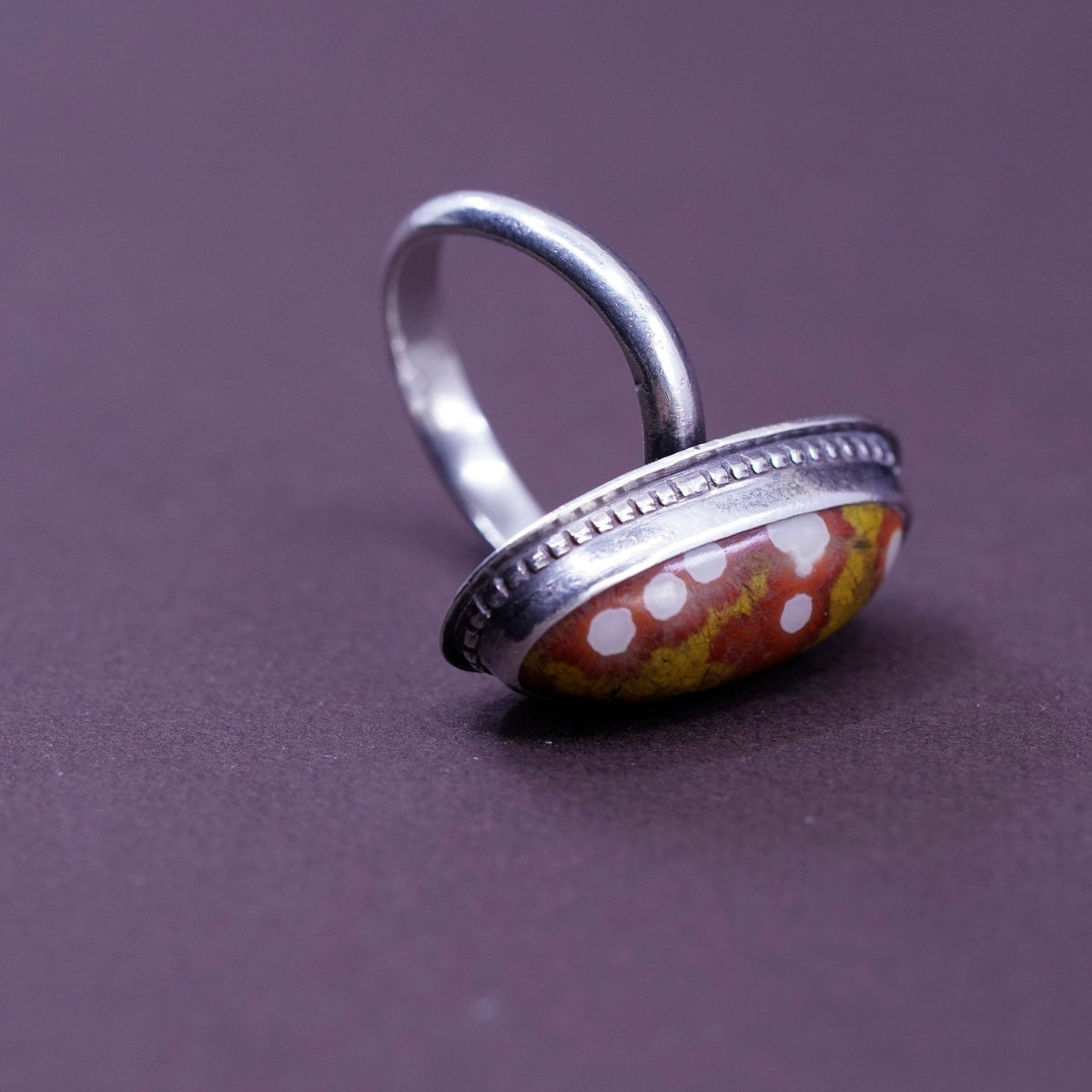 Size 6.5, vintage Sterling 925 silver handmade ring w/ Dalmatian jasper