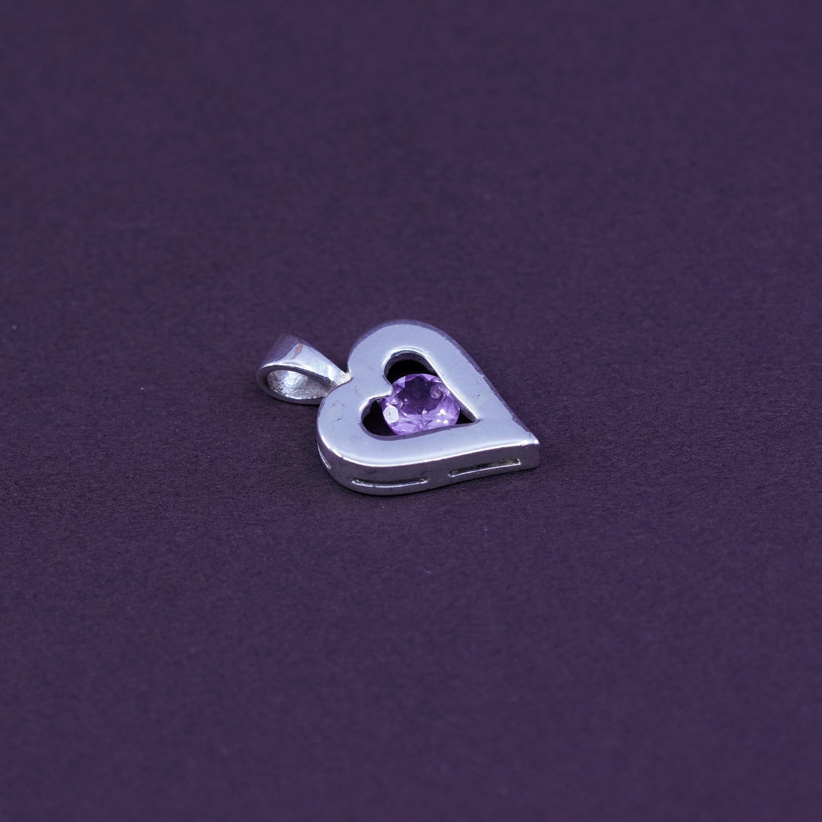 Vintage Sterling silver handmade pendant, 925 heart with amethyst