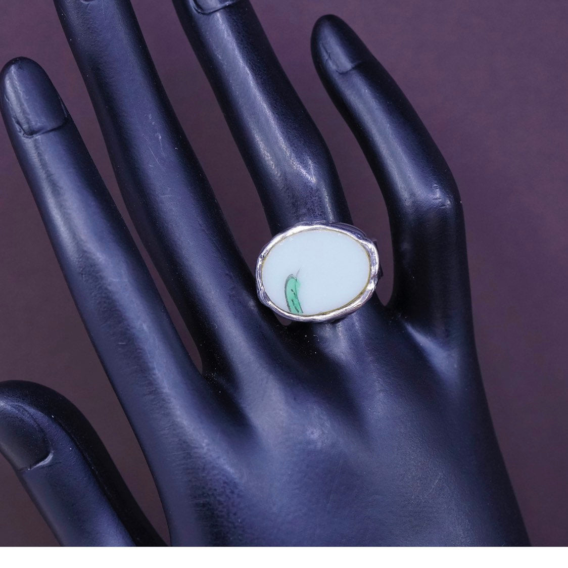 sz 7, PB Sterling silver handmade ring, Mexican 925 wide band w/ China pottery