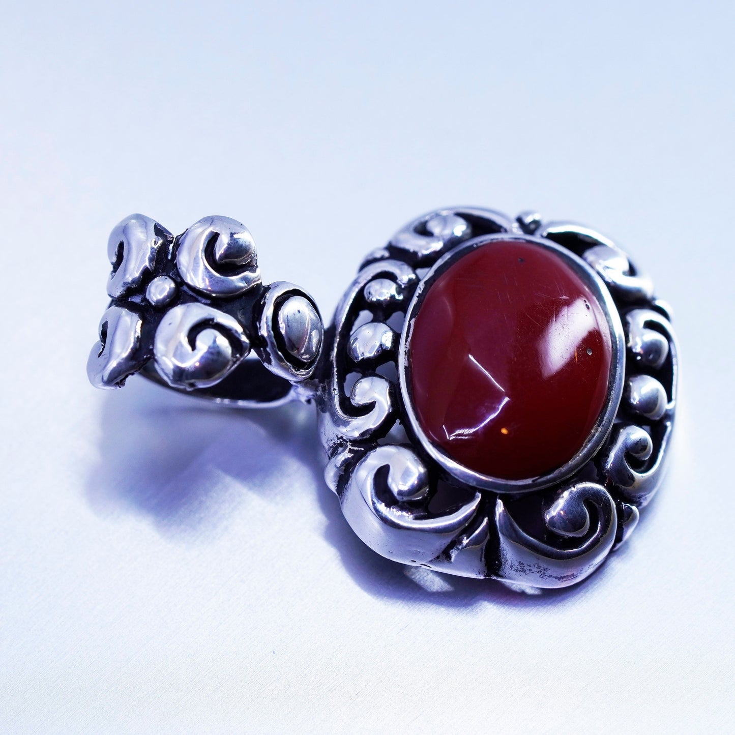 antique sterling 925 silver handmade Bali swirly pendant with red onyx