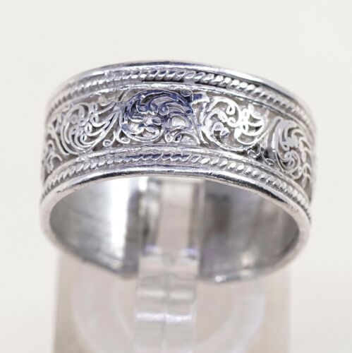 Sz 9, Vtg Sterling Silver handmade Boho Tribal Ring 925 Band W/ Pattern Embossed