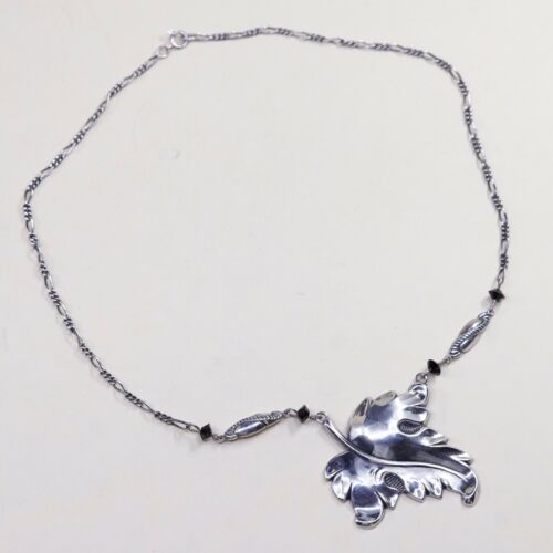 16” Vtg Handmade Sterling 925 Silver Necklace Figaro Chain W/ Maple Leaf Pendent