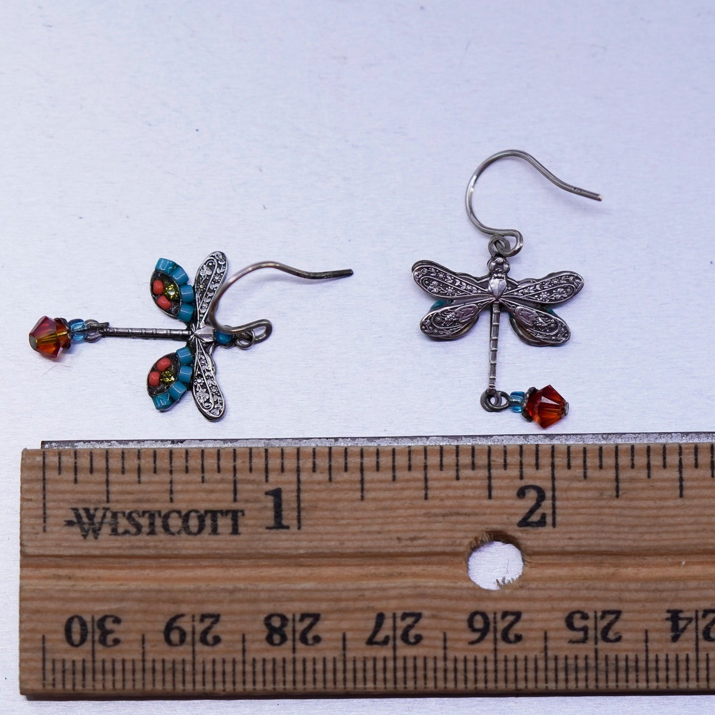Vintage Sterling 925 silver handmade dragonfly earrings with dangles