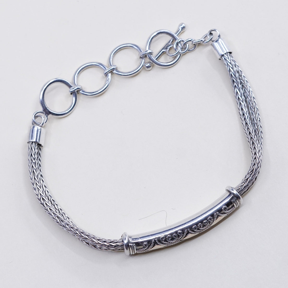 6.5”+1”, 14K gold accent w/ sterling silver bracelet, double strands 925 wheat