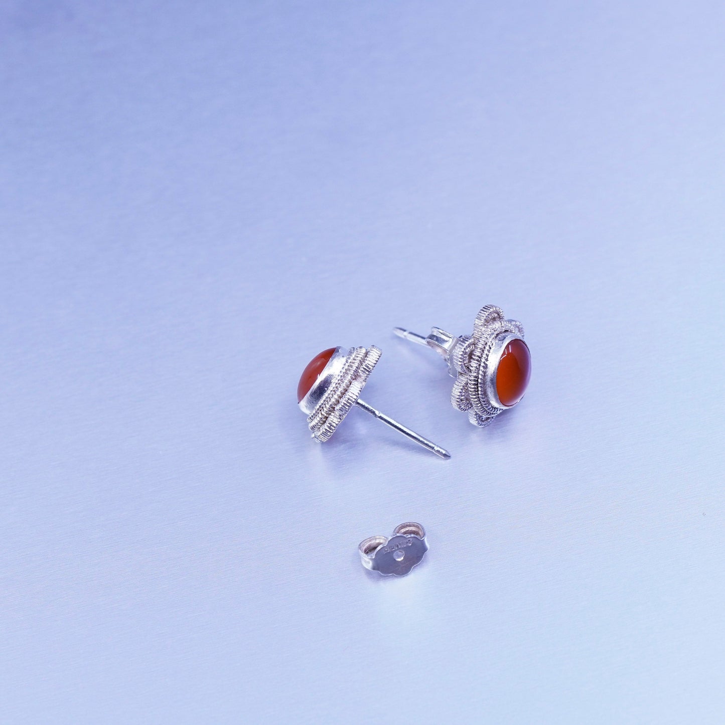 Vintage Sterling 925 silver handmade earrings, floral studs with carnelian