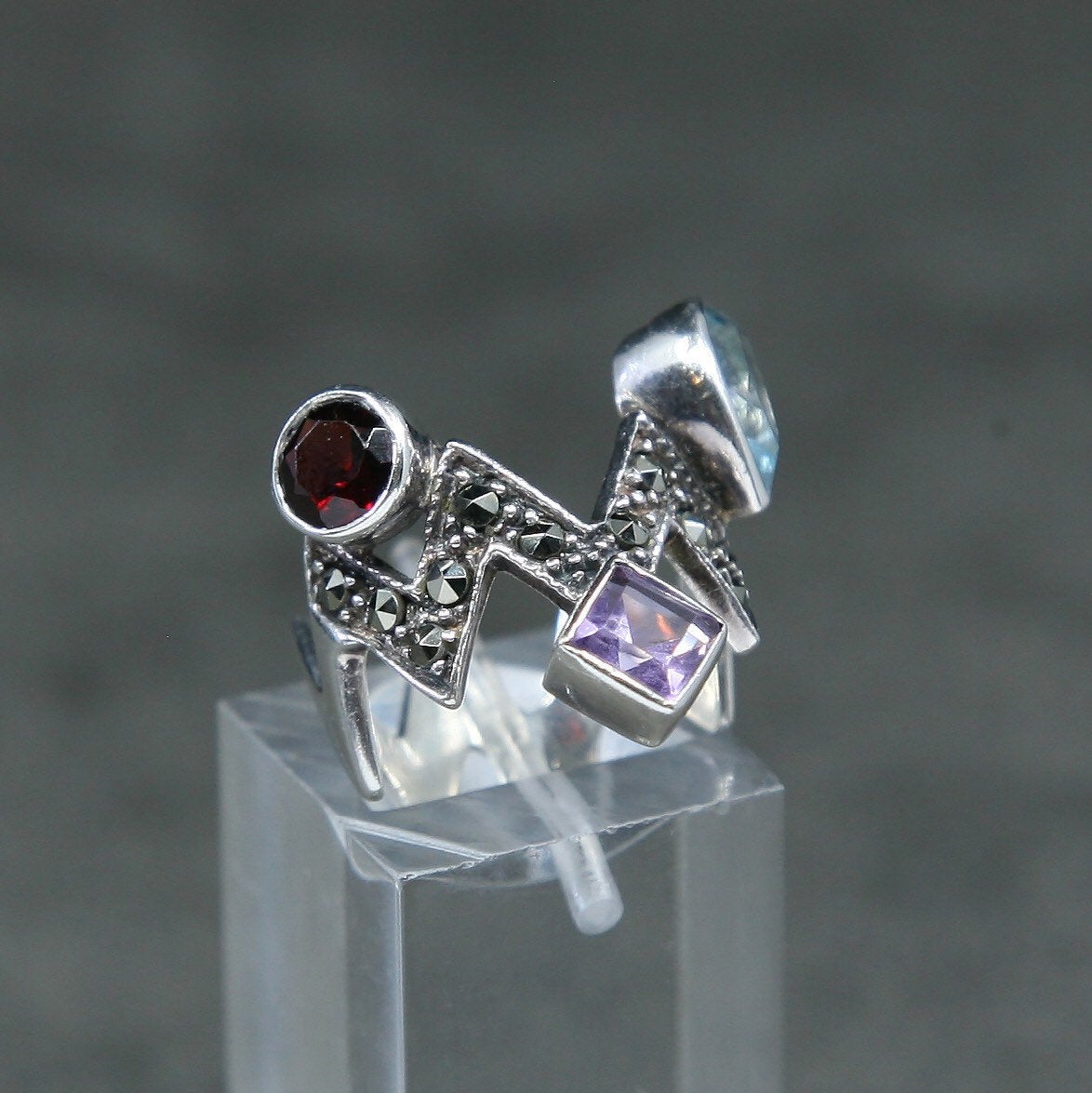 sz 5.5, Sterling silver handmade ring, 925 w/ ruby sapphire peridot amethyst