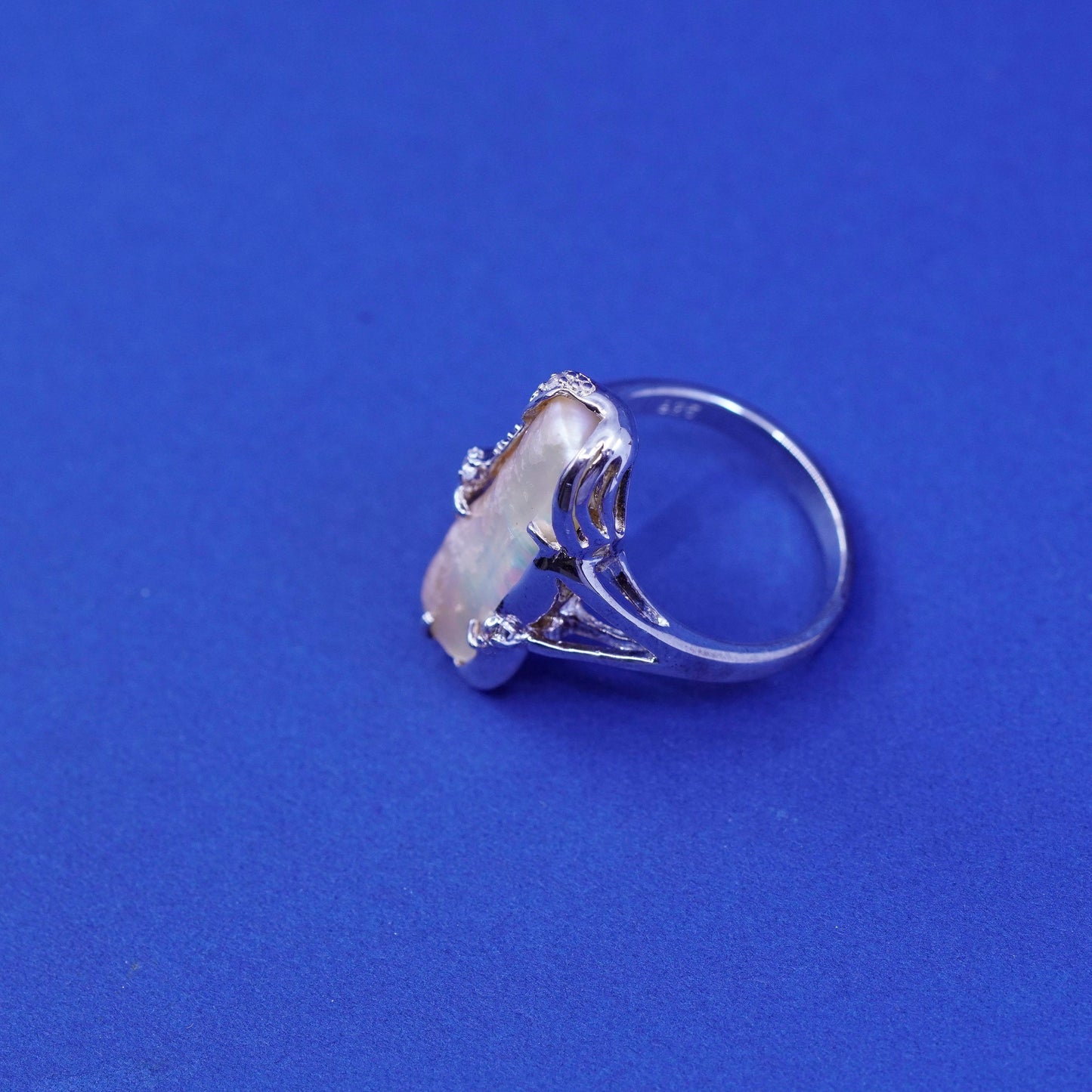 Size 10.25, vtg sterling 925 silver handmade statement ring with pearl and Cz