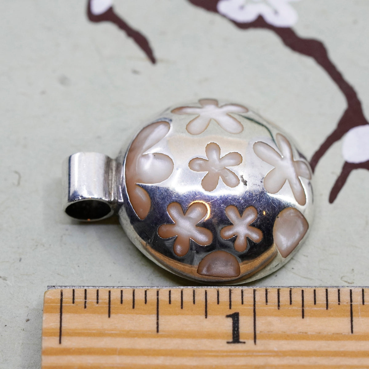 Vintage Mexico sterling silver handmade pendant, 925 circle with flower Enamel
