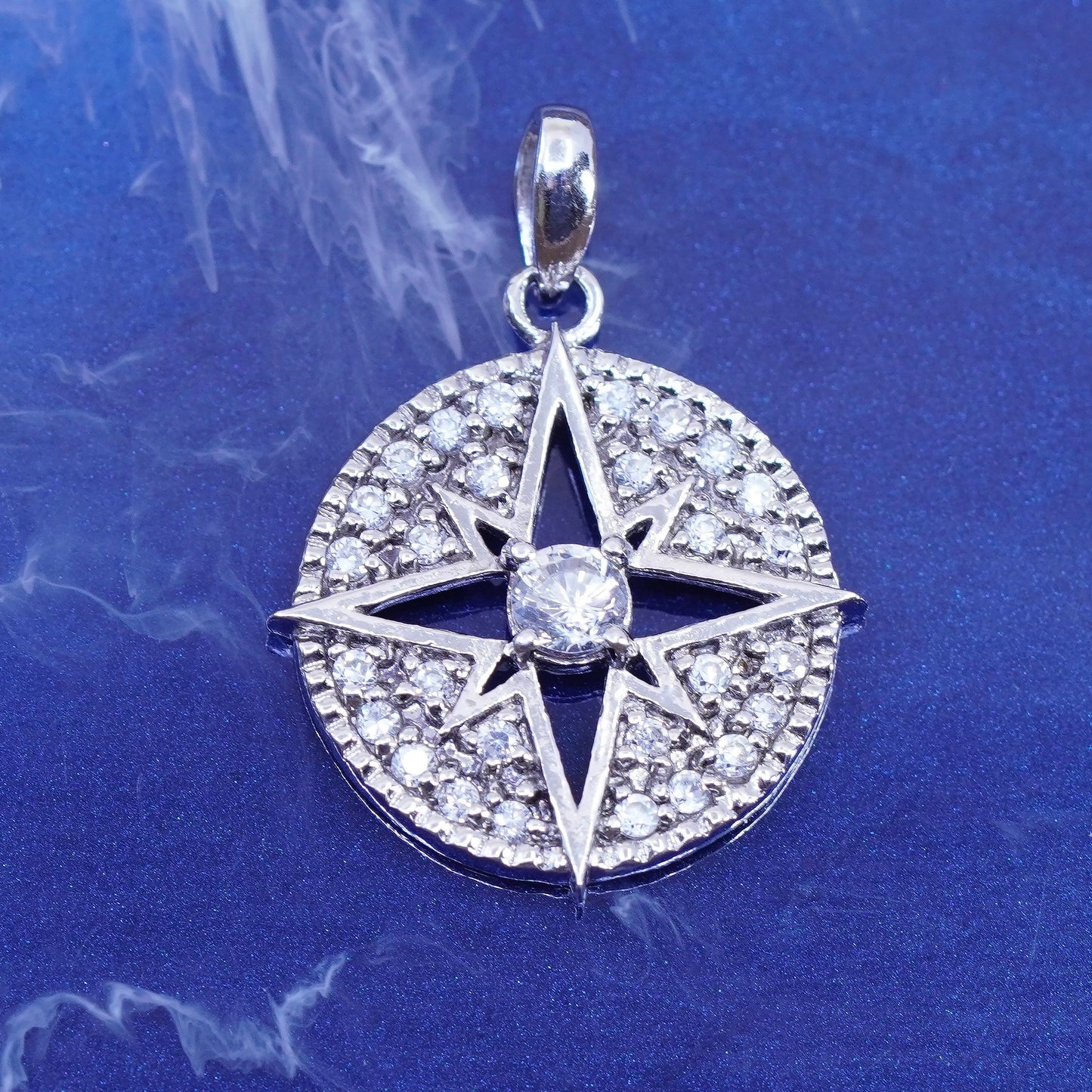 vintage Sterling silver handmade pendant, 925 compass with cluster cz
