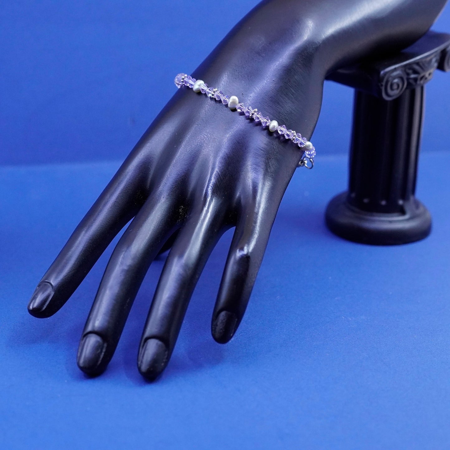 7.25”, vintage sterling 925 silver handmade bracelet with purple crystal beads