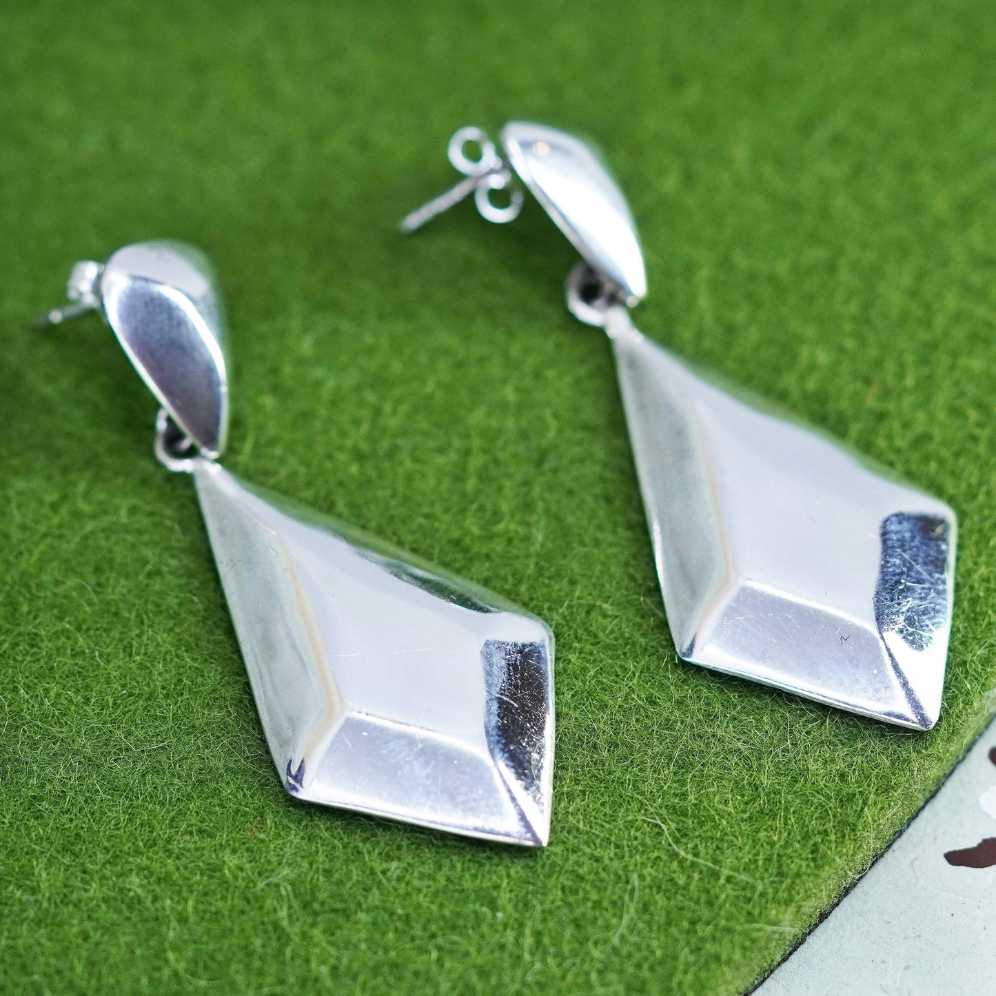 Vintage Sterling 925 silver handmade earrings with diamond shaped drops