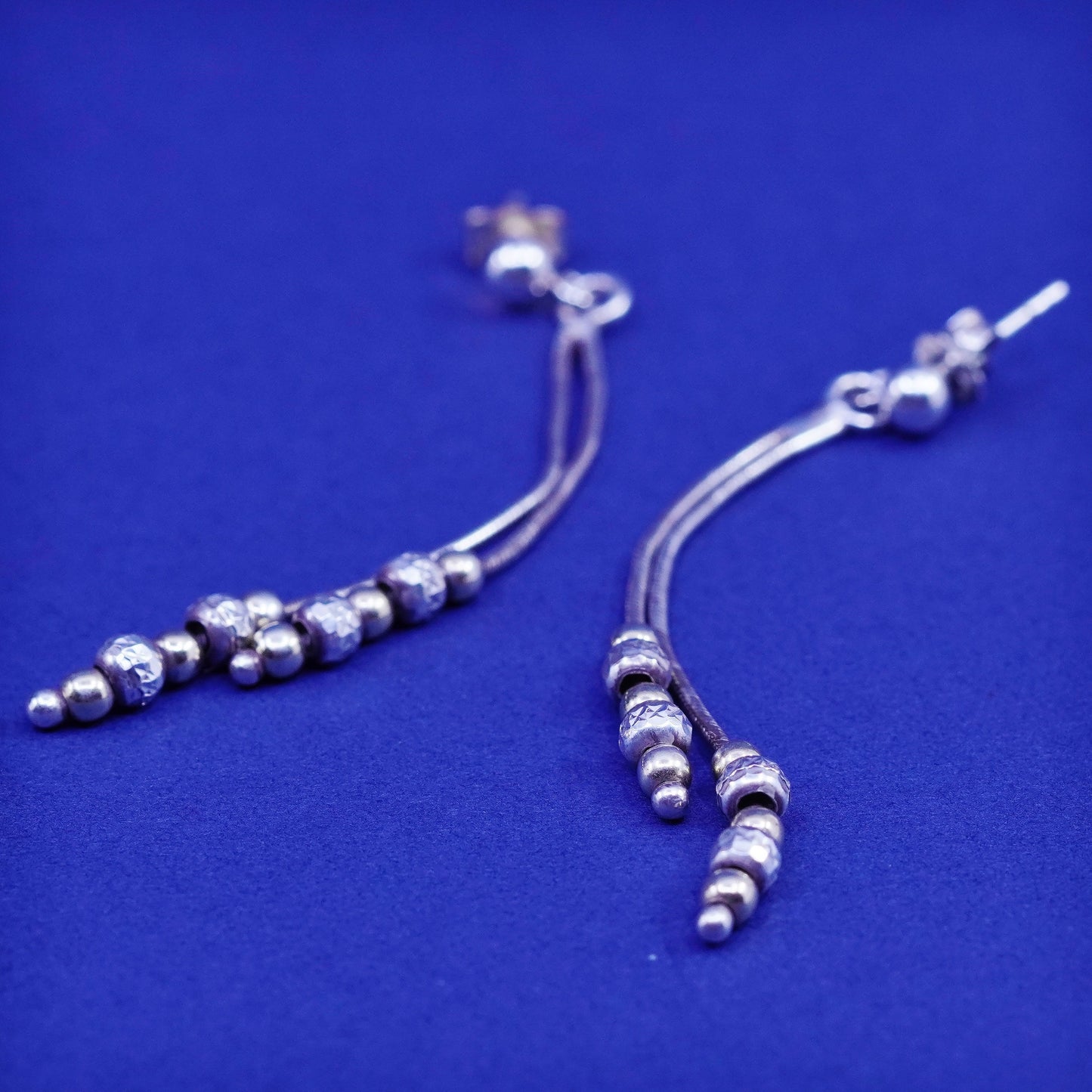 Vintage Sterling 925 silver handmade fringe earrings, snake chain with beads