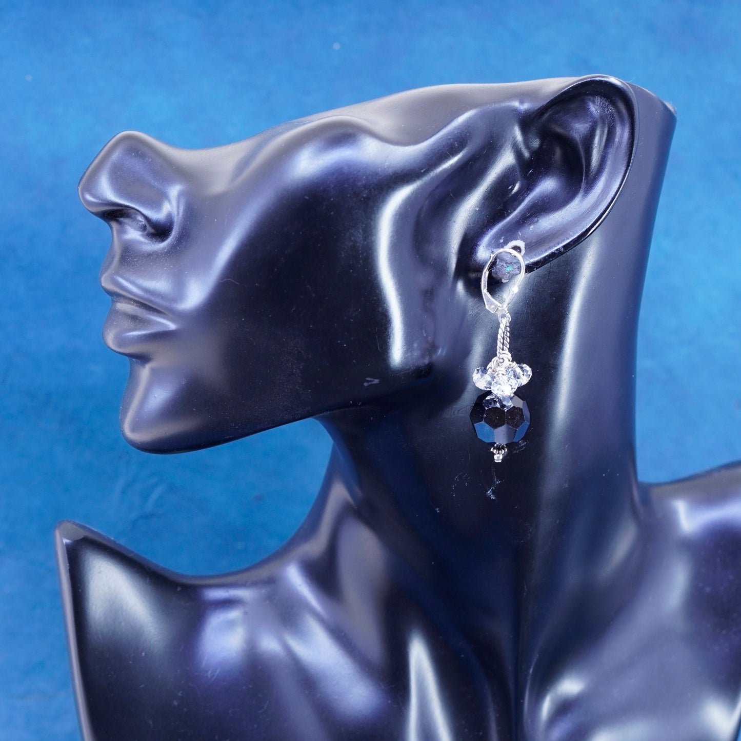 Vintage Sterling 925 silver handmade earrings w/ black crystal cluster crystal