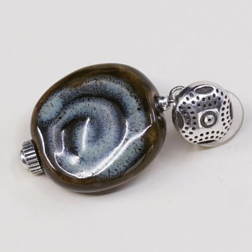 Vtg Modern handmade Sterling 925 Silver Earrings Round Green Swirl Glass