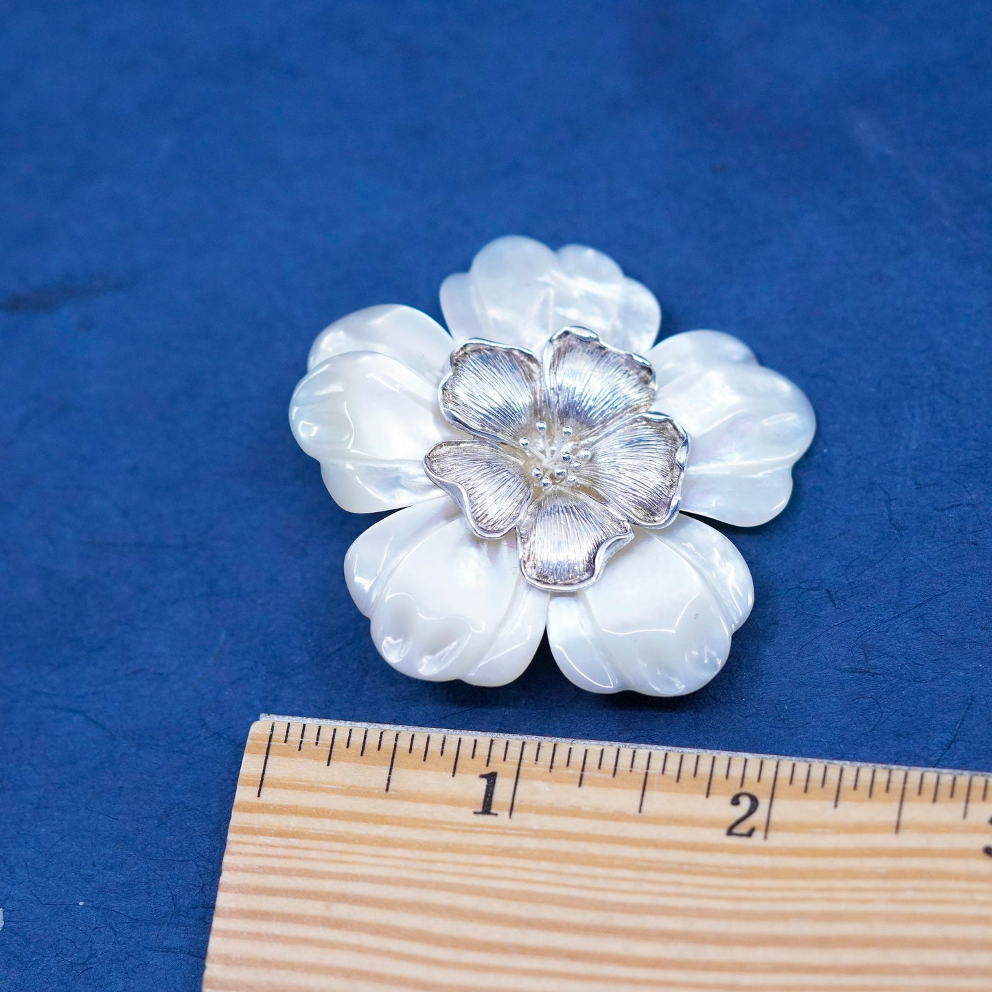 Vintage BJ sterling 925 silver handmade brooch pendant mother of pearl flower