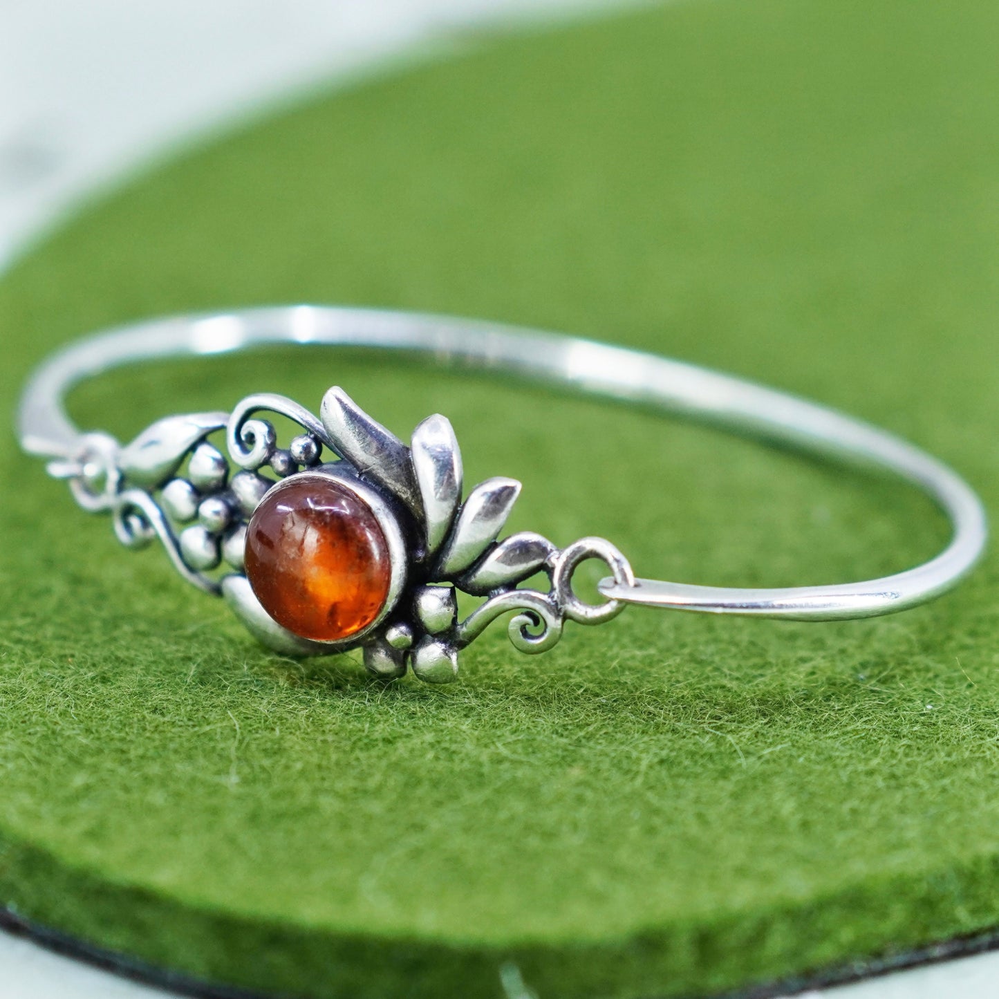 6”, Boma sterling 925 silver handmade tennis leafy bangle bracelet with amber