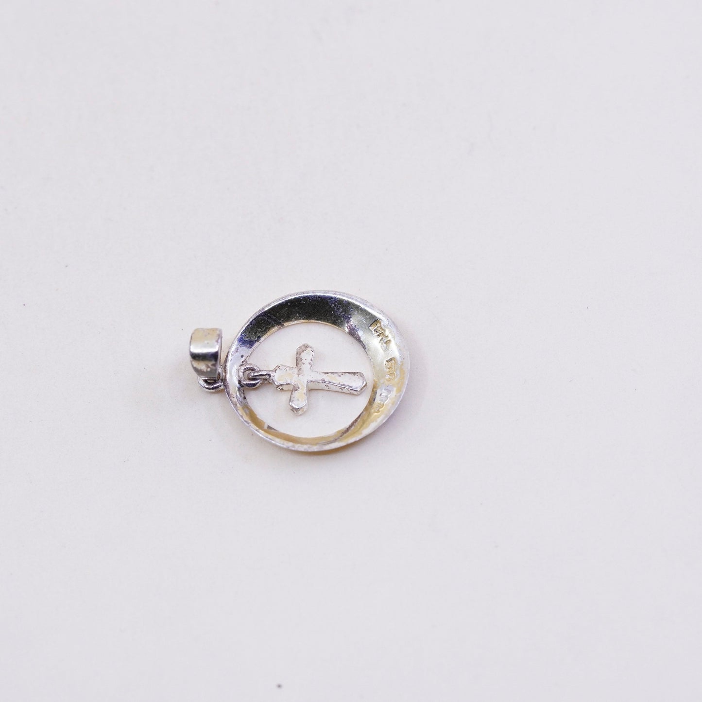 Vintage handmade Sterling silver pendant, 925 circle with cross and “faith”