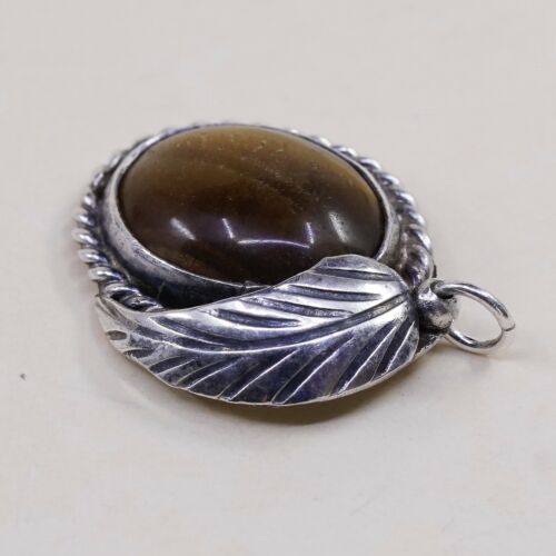 Vtg Sterling Silver handmade Golden tiger eye Pendant, 925 silver Leaf