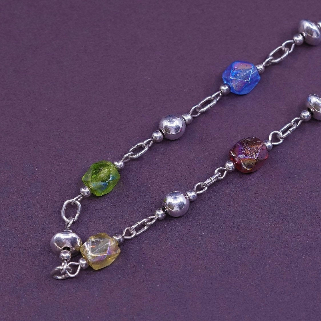 16", Sterling silver necklace 925 circle chain w/ crystal beads Toggle Closure