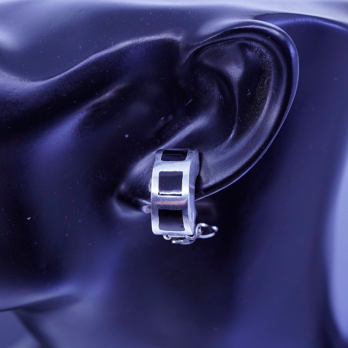 Vintage Sterling 925 silver handmade earrings, clip on with black onyx inlay
