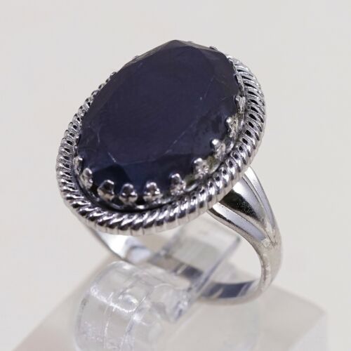 Sz 6.5 Vtg JP 925 Silver Handmade Ring w/ Oval Hematite, Stamped Sterling
