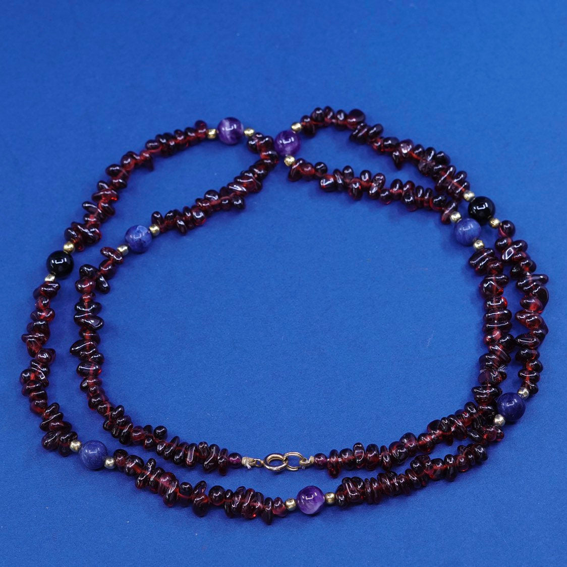 30”, vintage handmade garnet beads with brass clasp