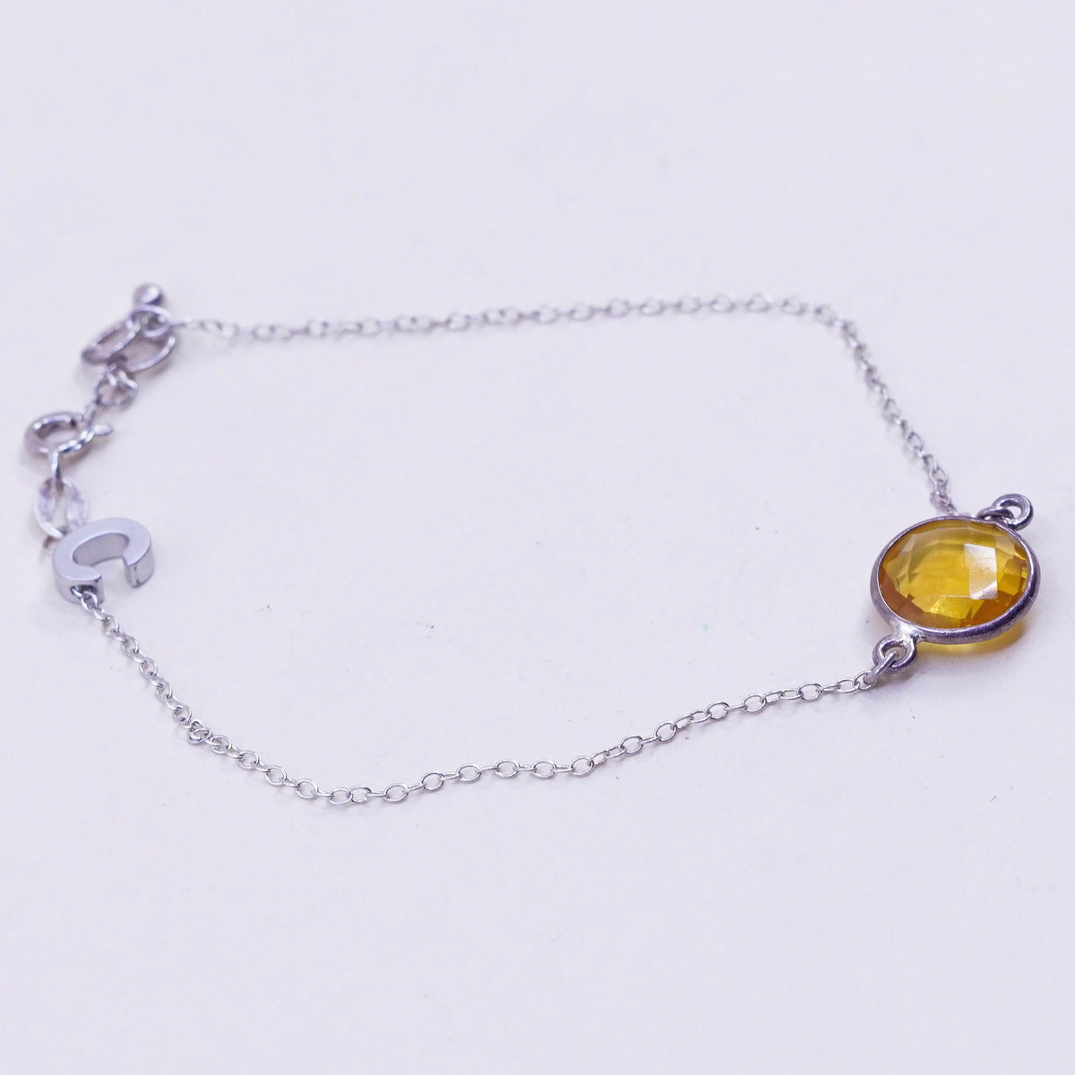 7.25”, 1mm, Vintage sterling 925 silver circle chain bracelet with citrine