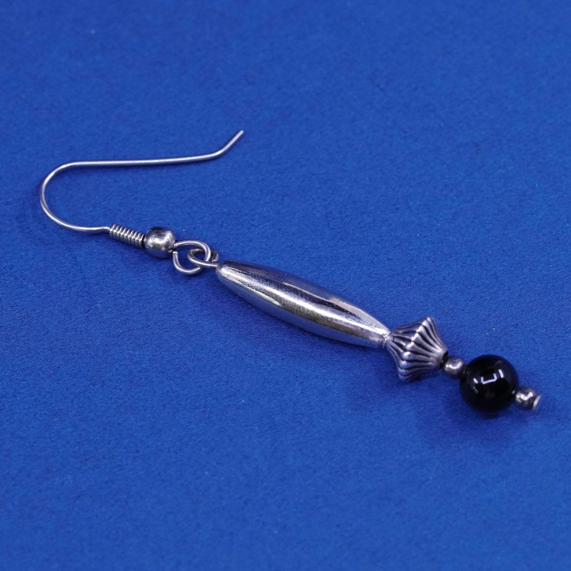 Silver Tone handmade earrings with obsidian beads dangle