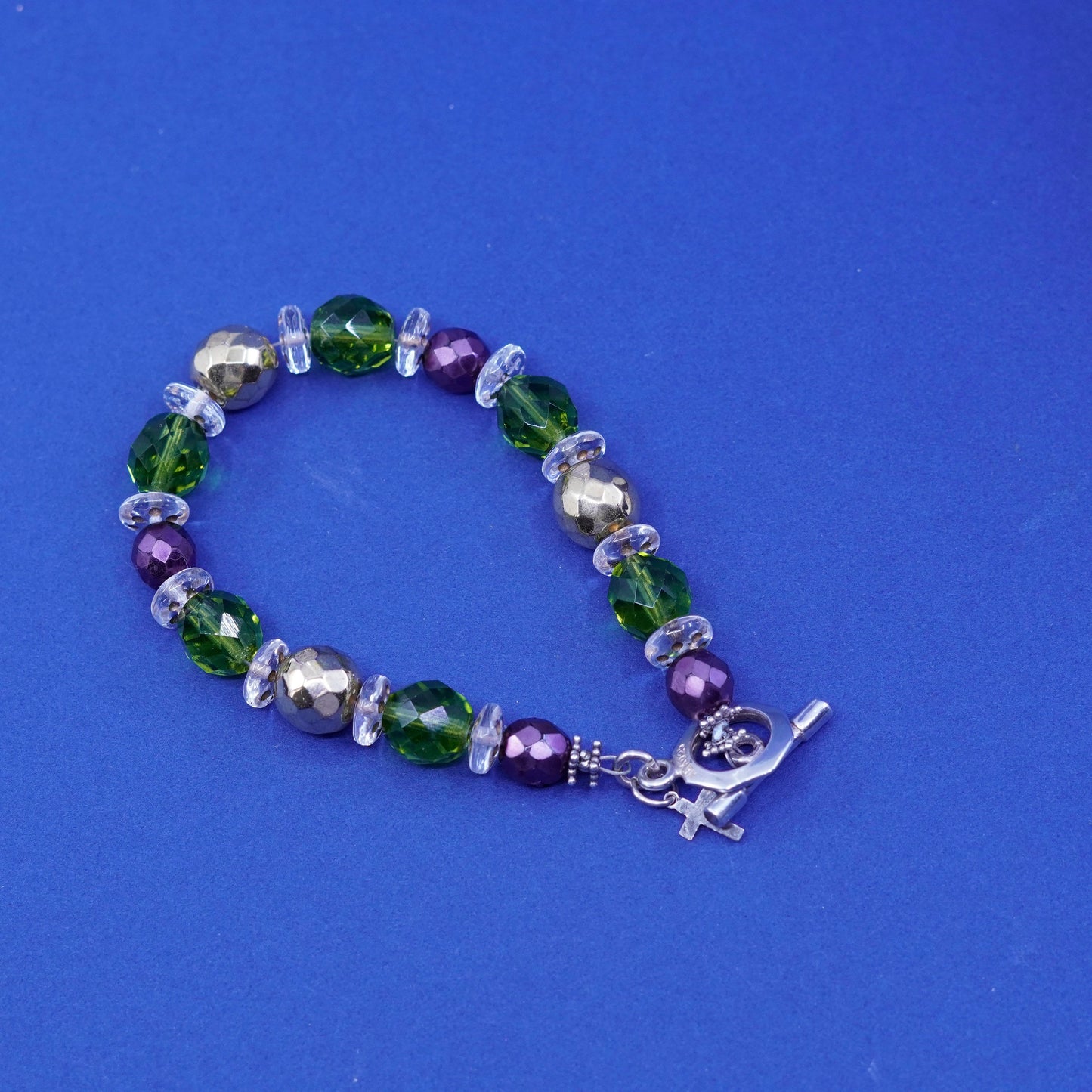 7”, Mexico sterling 925 silver handmade bracelet w/ crystal beads N toggle