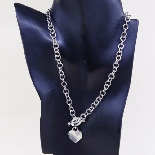 18” 8mm, Vtg 925 Sterling Silver Handmade Bold Circle chain Heart Charm necklace