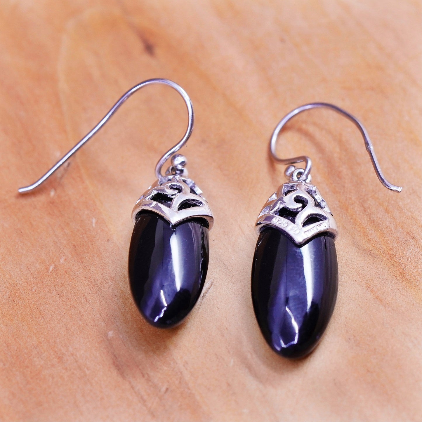 Vintage Sterling 925 silver handmade earrings with obsidian dangles
