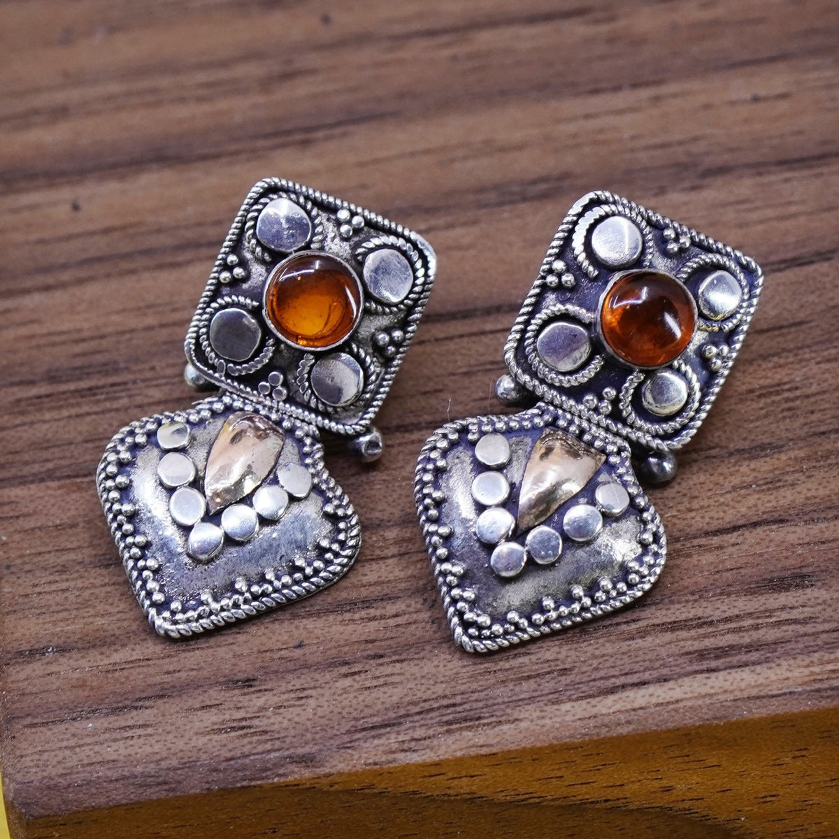 Vintage two tone Sterling 925 silver handmade earrings with amber Bali Beads