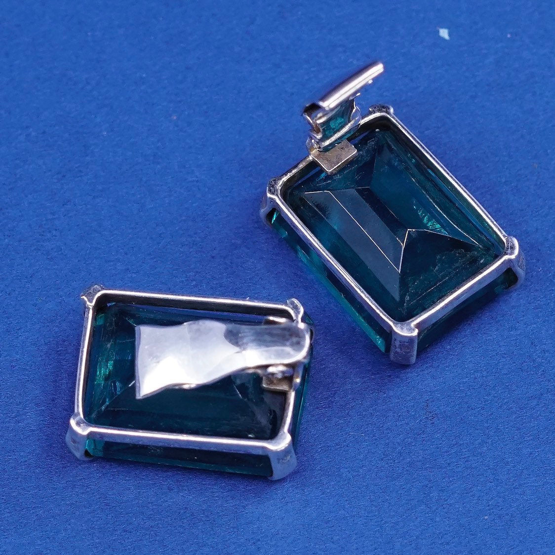 vtg Pat sterling silver handmade earrings, 925 w/ rectangular green glass