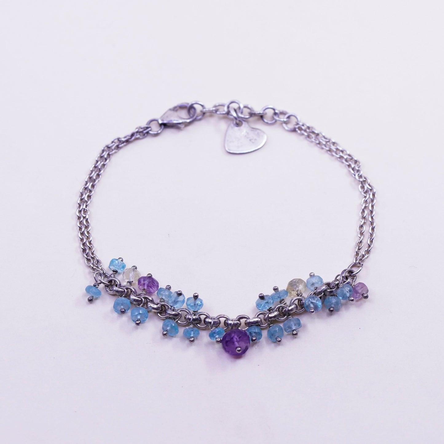 8” Vintage Sterling silver handmade bracelet, natural amethyst and topaz beads