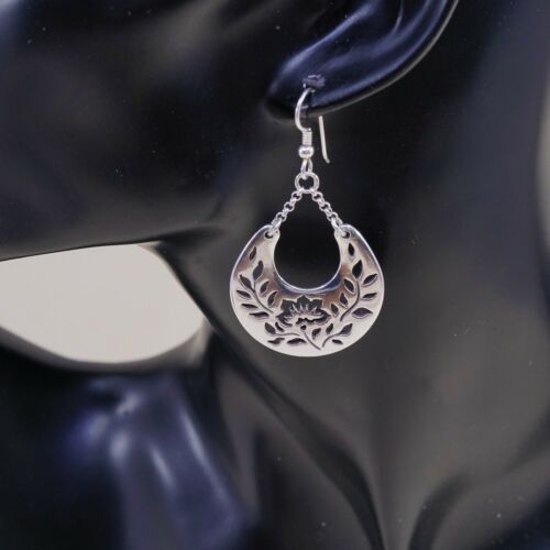 Vintage Sterling Silver Handmade Earrings, 925 Flower Leaves Cut Out Dangles