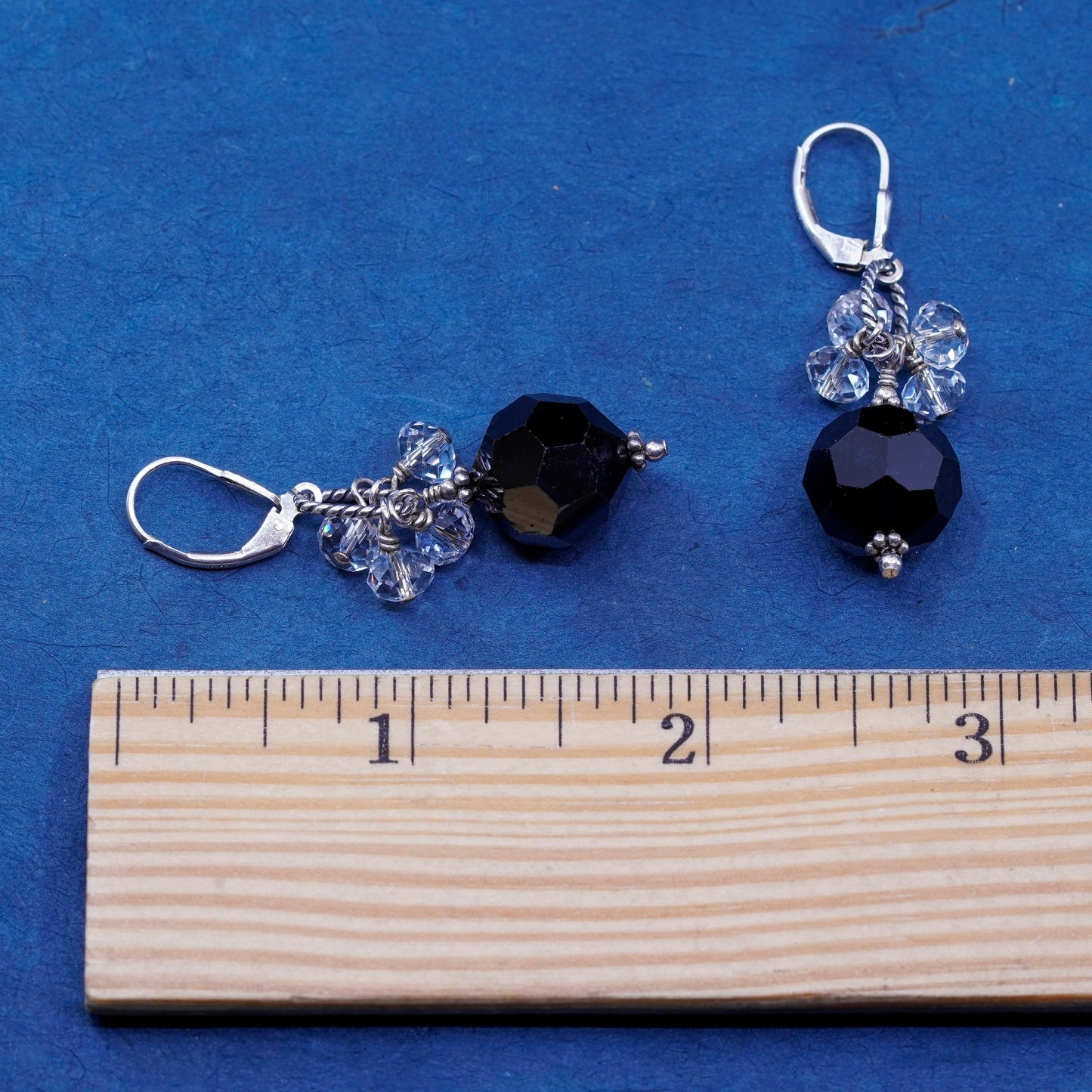Vintage Sterling 925 silver handmade earrings w/ black crystal cluster crystal