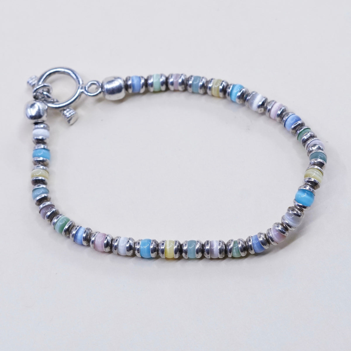 7.25”, sterling 925 silver handmade bracelet, tiger eye beads w/ toggle closure