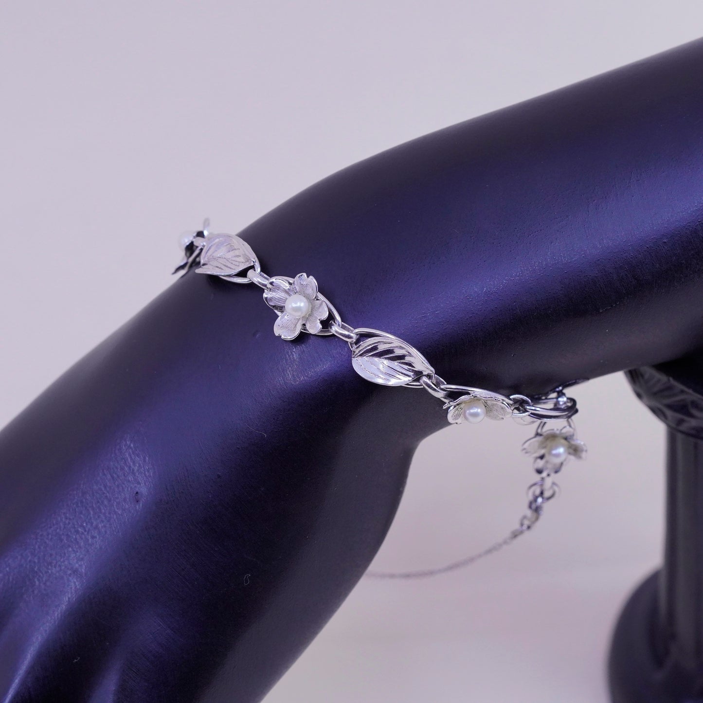 7”, sterling silver bracelet, 925 flower leaves chain pearl, handmade jewelry