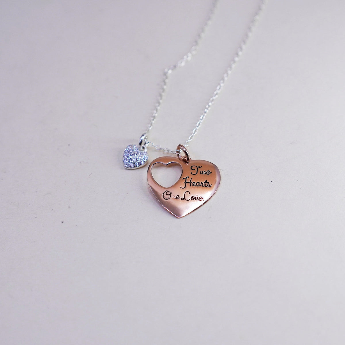 18”, Sterling silver necklace, 925 circle rose gold pendant two hearts one love