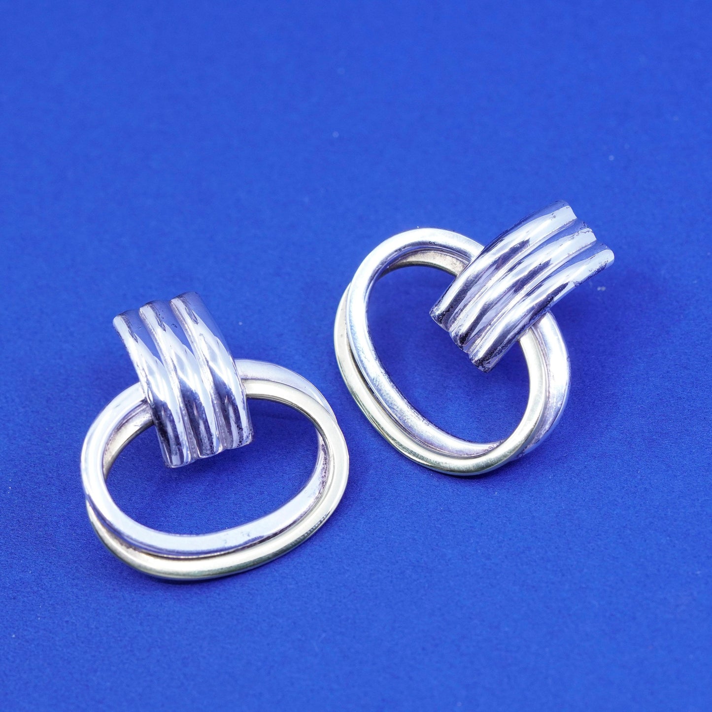 Laton two tone Sterling silver handmade earrings, entwined 925 studs brass