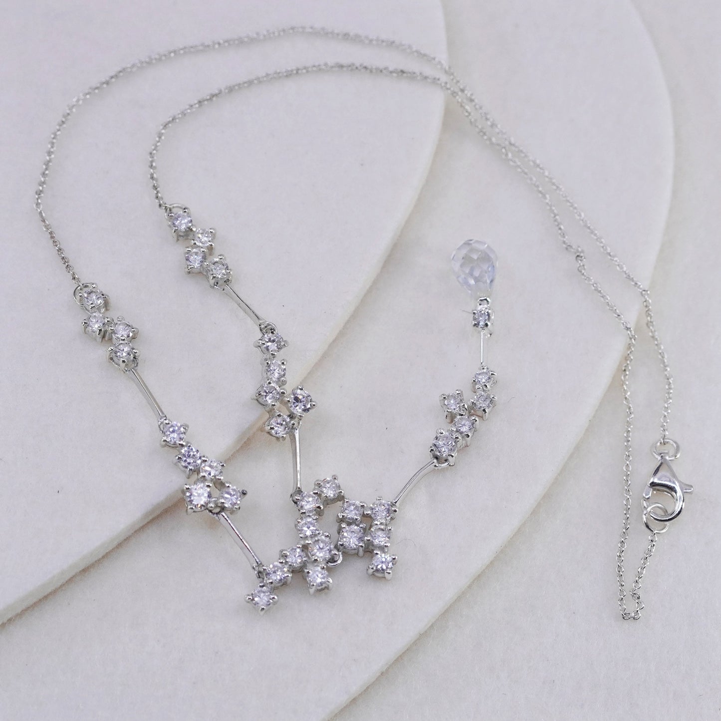 18”, vtg Sterling 925 silver handmade circle necklace with teardrop cz pendant