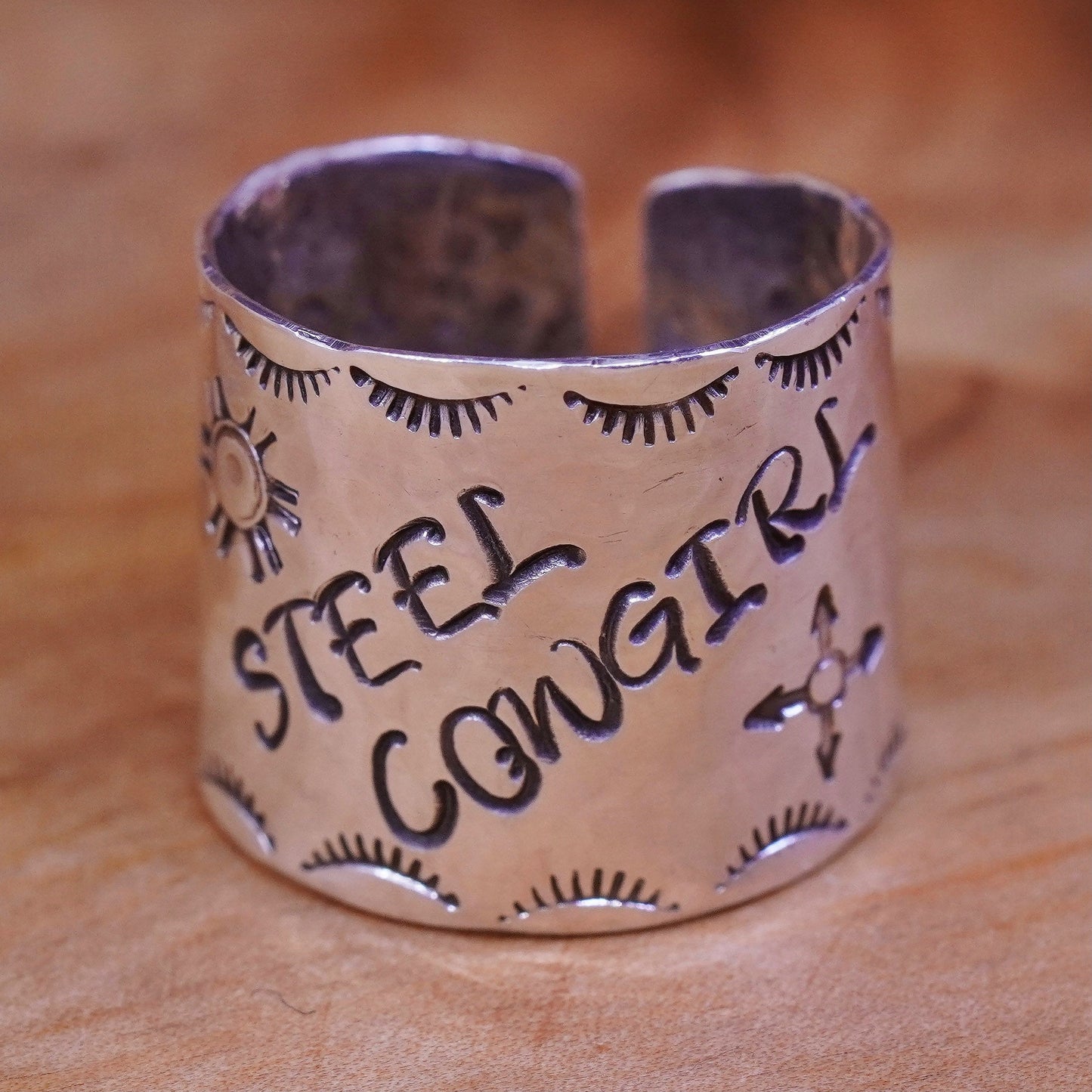 Size 7, Navajo Sterling silver handmade ring, wide 925 band “steel cowgirl”