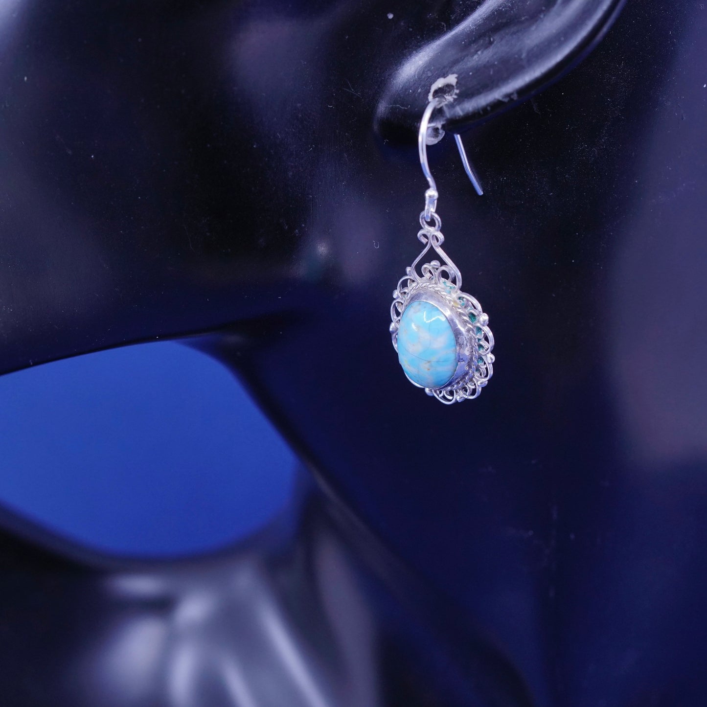 Vintage Sterling 925 silver handmade filigree earrings with oval turquoise
