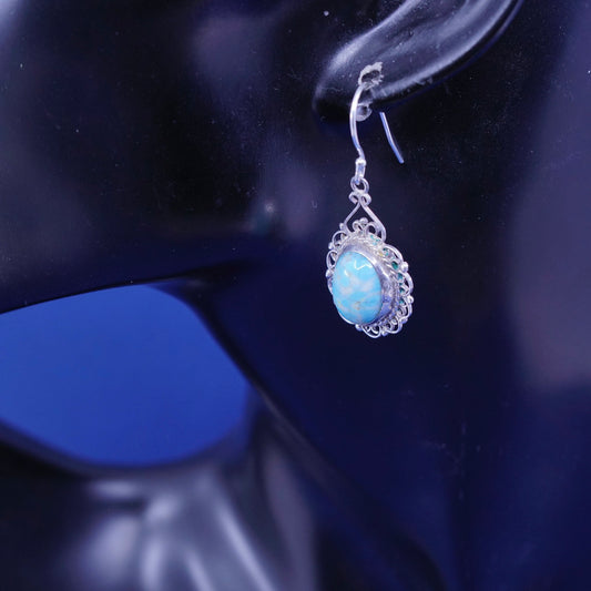 Vintage Sterling 925 silver handmade filigree earrings with oval turquoise