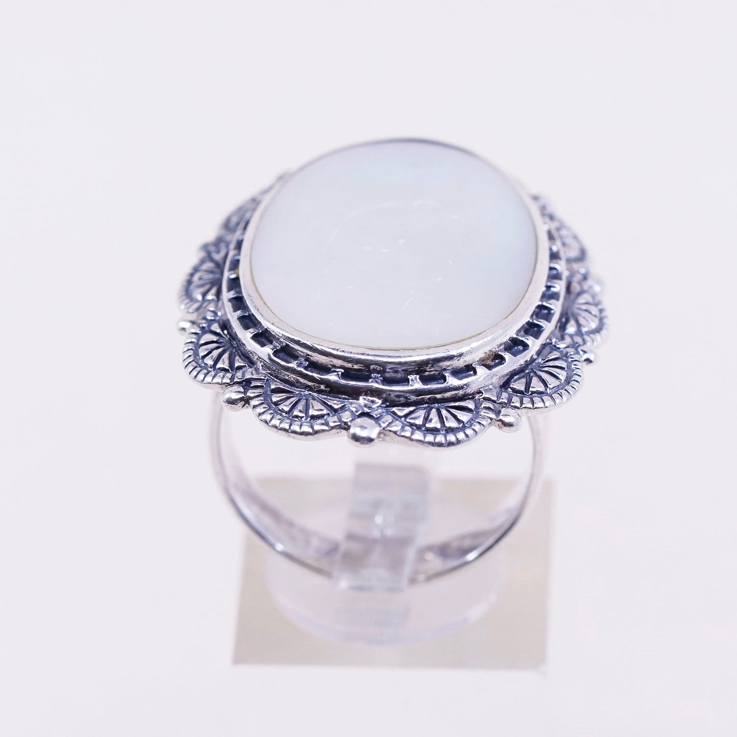 sz 10, vtg CFJ sterling silver handmade w/ opal MOP modern 925 cocktail ring