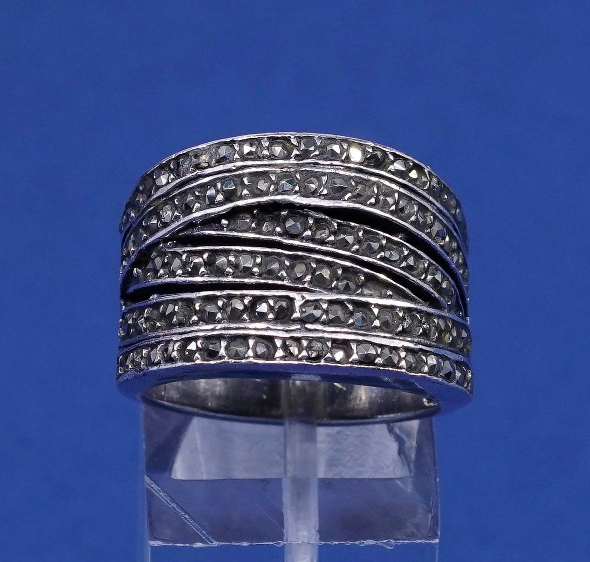 sz 6.75, vtg Sterling silver handmade ring, Mexico 925 band w/ marcasite