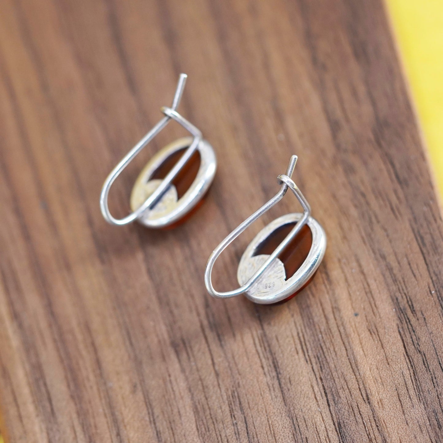Vintage Sterling 925 silver handmade earrings with oval Amber