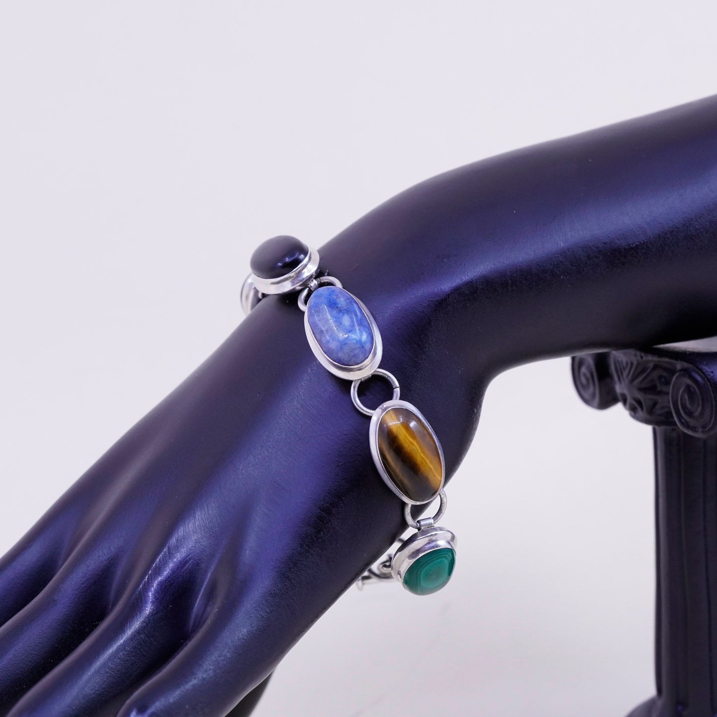 6.75+1”, Sterling silver handmade bracelet, Mexico 925 sodalite onyx tiger eye