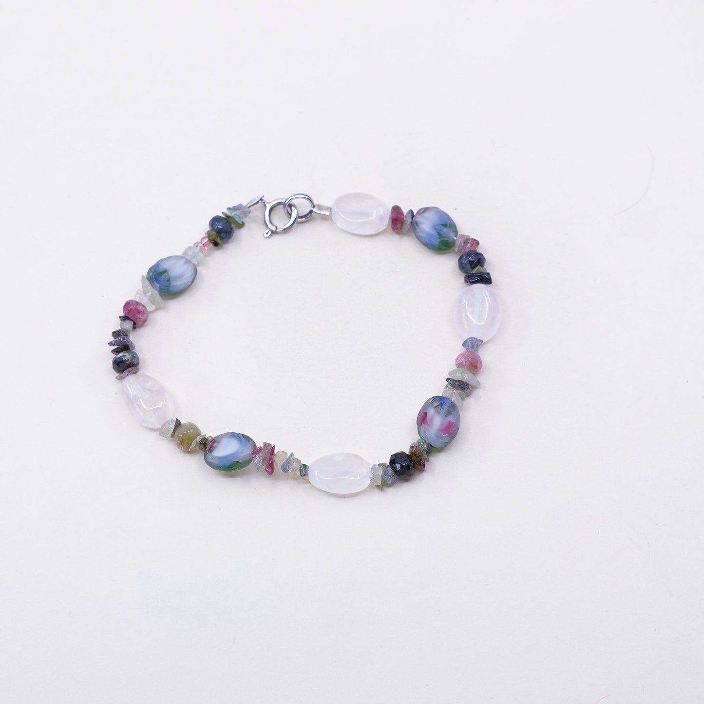 7.5”, vintage Sterling 925 silver handmade bracelet with pink quartz beads